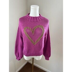 Anthropologie Maeve Pippa Mock Neck Heart Sweater Sz XS Bubble Sleeve Pink